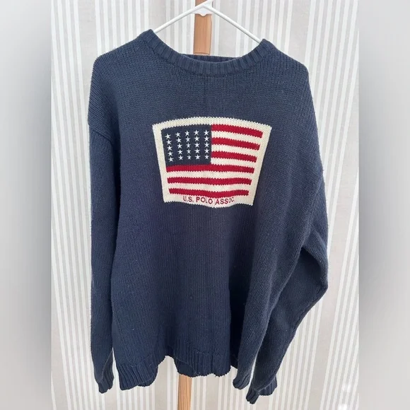 Vintage US Polo Assn Mens XL Navy USA Flag Logo Wool Blend Crewneck Sweater - Picture 2 of 5